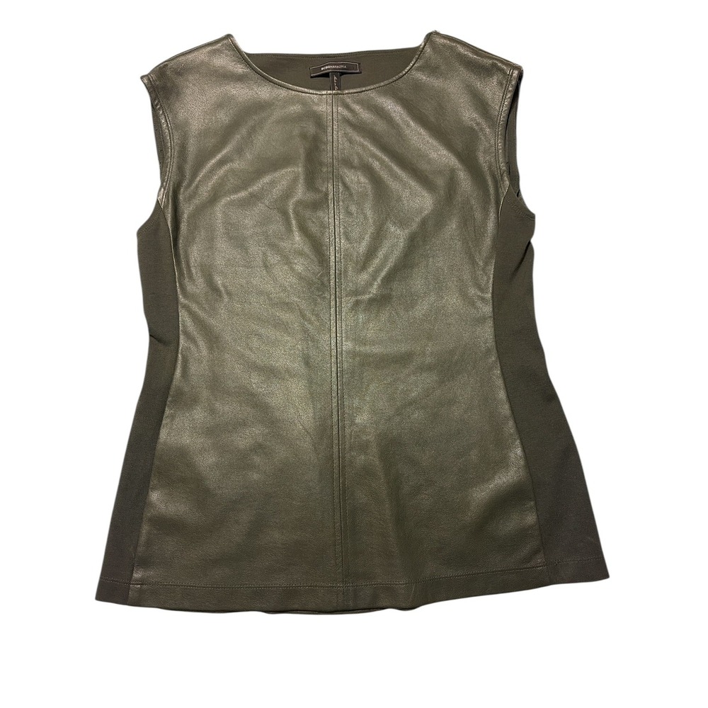 BCBGMAXAZRIA Vera olive green Faux Leather Panel Sleeveless Top M - Picture 3 of 9